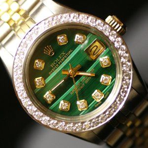 Ladies Rolex Oyster Perpetual Datejust Malachite Diamond Dial Gold Steel